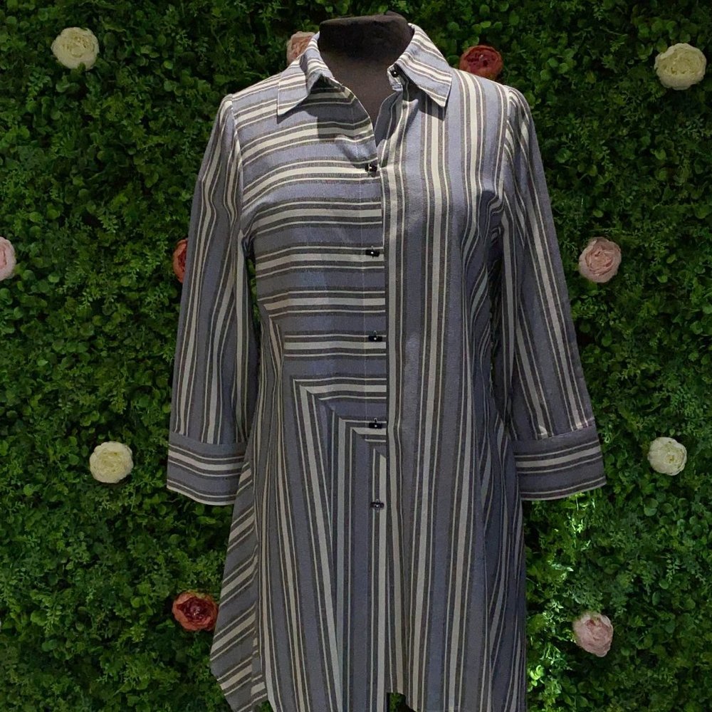 Asymmetrical Button Down Tunic - Blue Stri…
